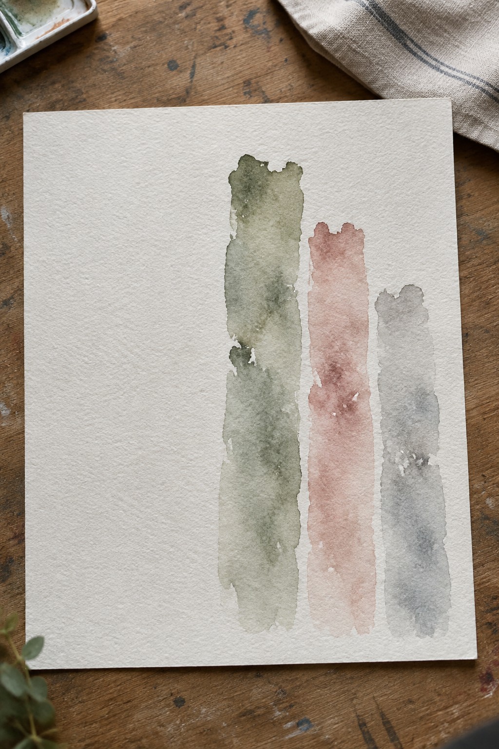 Three vertical watercolor washes in green, rose, and gray on white paper.