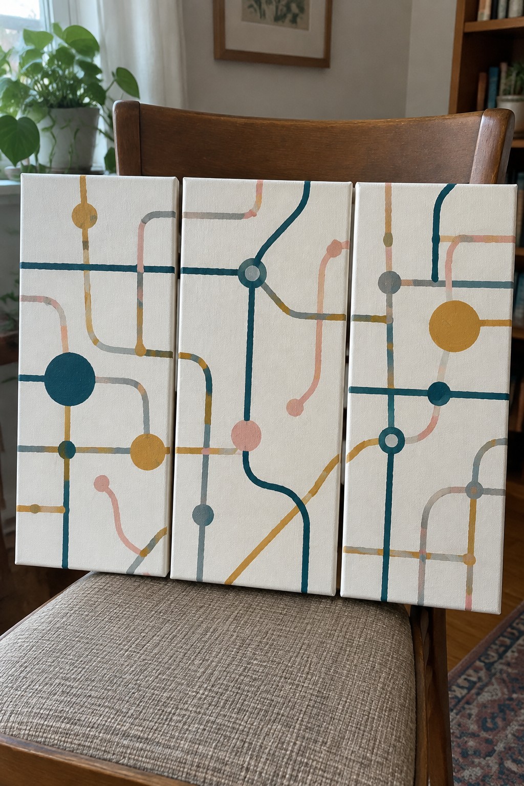 Three abstract canvases with colorful metro-style lines on a wooden chair