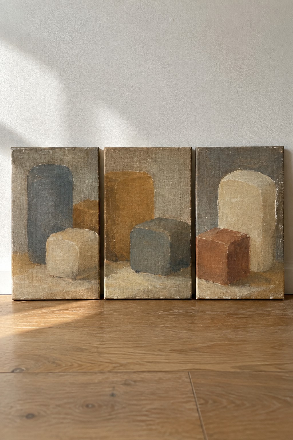 Three abstract canvases with geometric blocks in muted earth tones on wood floor