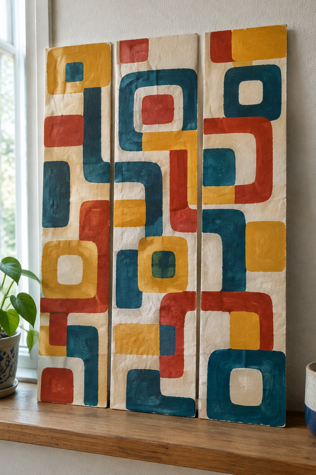 Three abstract geometric paintings with yellow, red, and teal shapes on wooden shelf