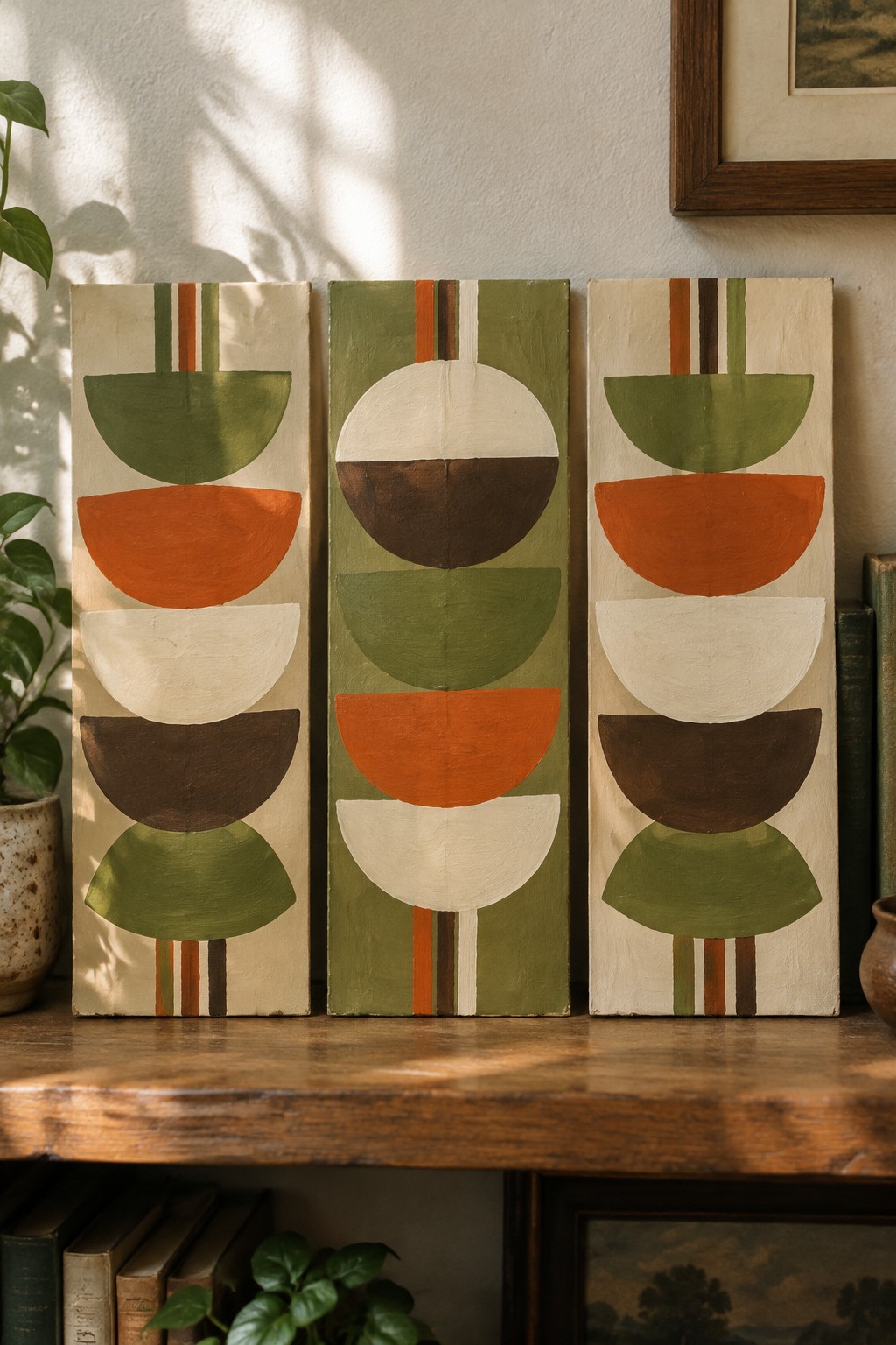 Three abstract panels with stacked semicircles in green, orange, and brown on a wooden shelf.