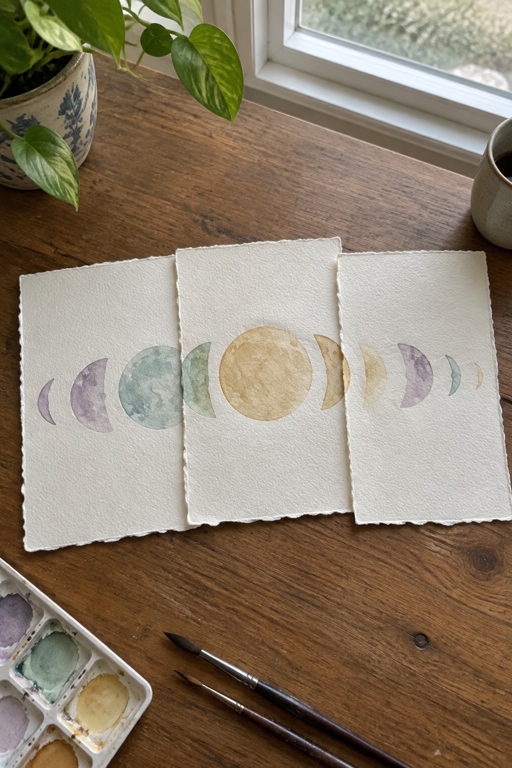 Three sheets of watercolor paper on a wooden table show moon phases painted in sequence with soft color washes.