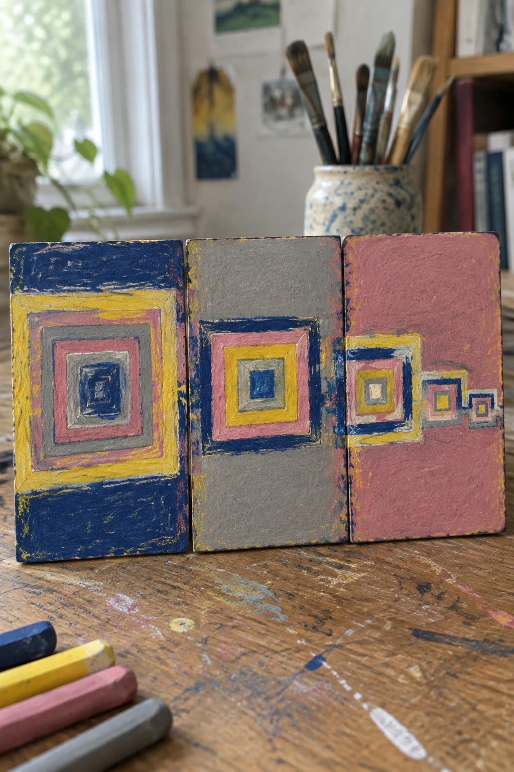 Three painted blocks with nested colorful squares on a splattered wooden table