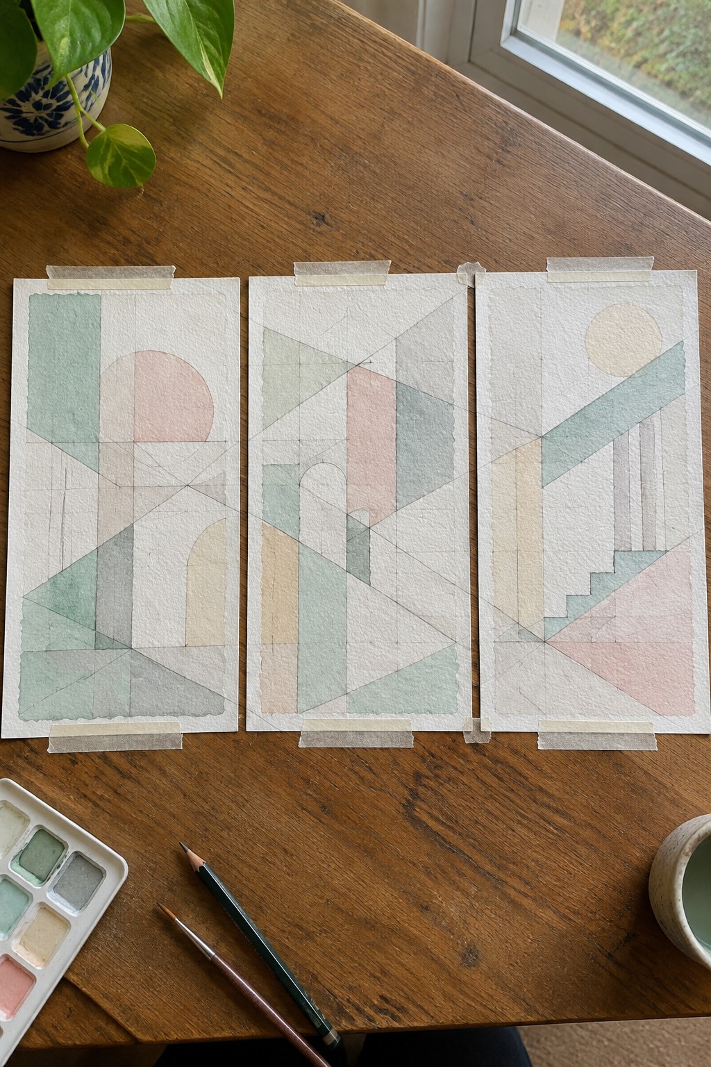 Three abstract pastel geometric watercolors taped on wooden table with palette and brushes