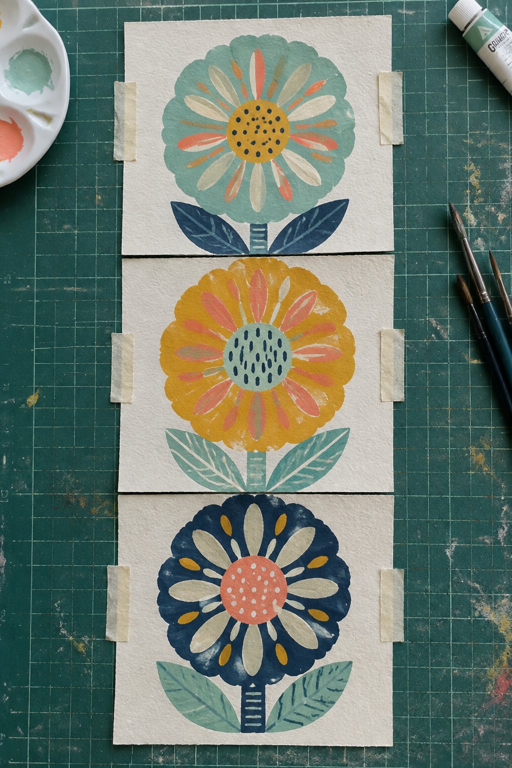 Three vibrant watercolor flowers in teal, yellow, and navy taped to green mat