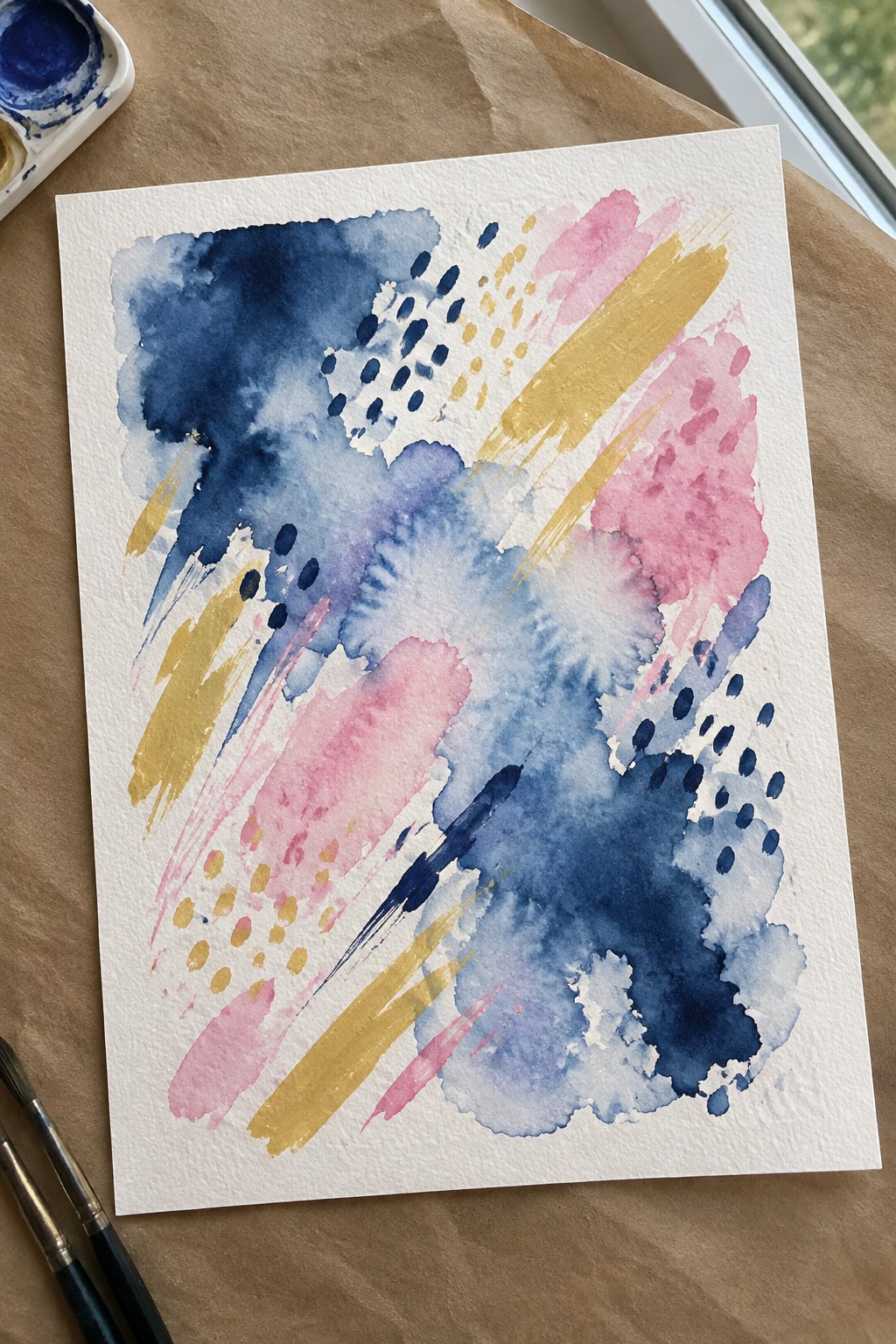 Abstract watercolor painting with blue pink purple gold washes and splatters beside palette and brushes