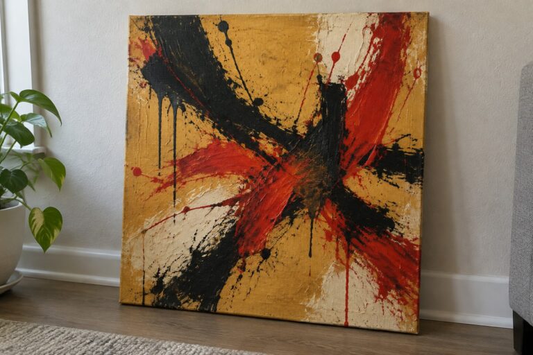 Abstract painting with bold red black strokes and yellow splatters on canvas against wall