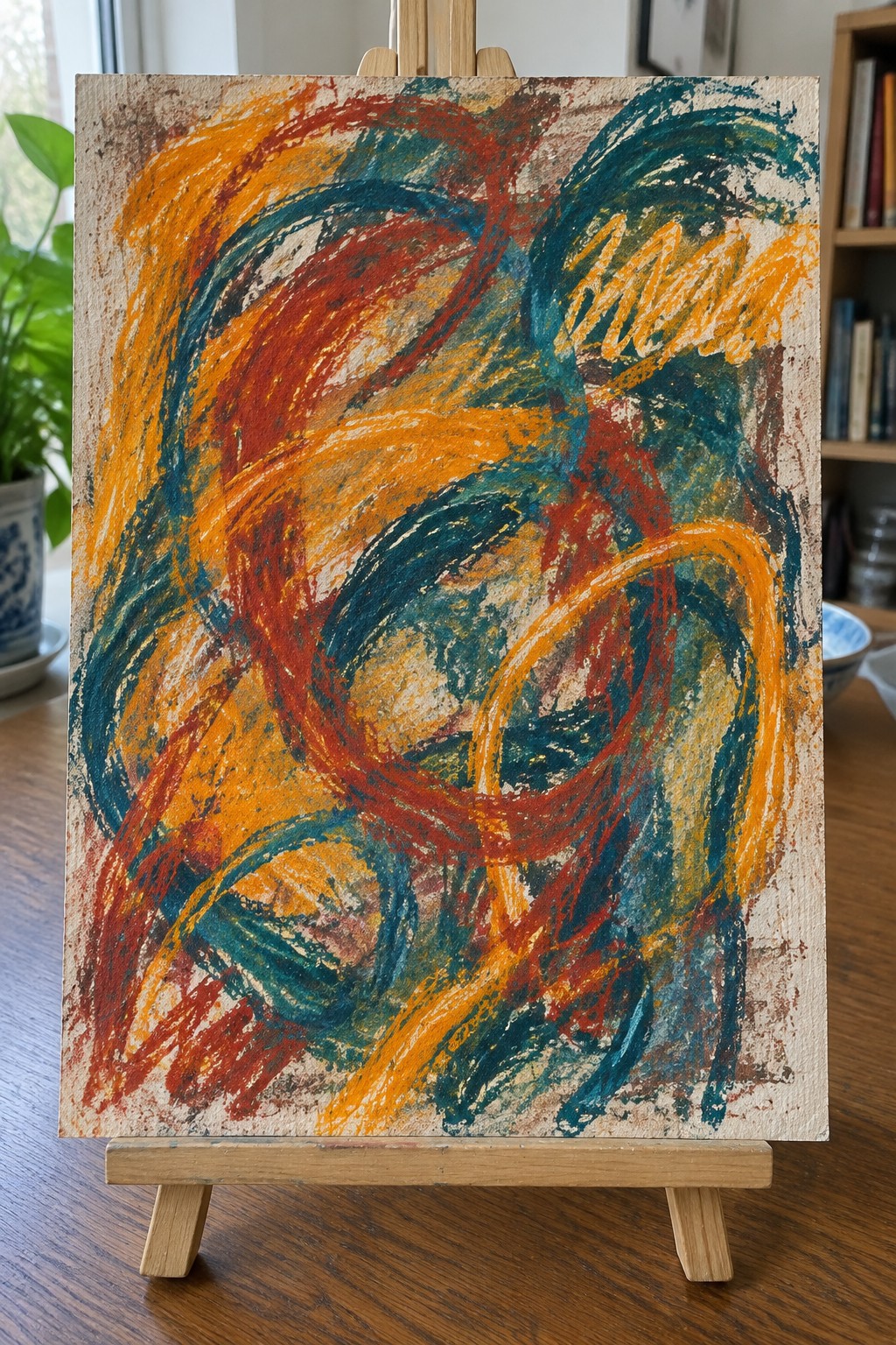 Abstract painting with swirling orange, red, teal, and yellow brushstrokes on wooden easel