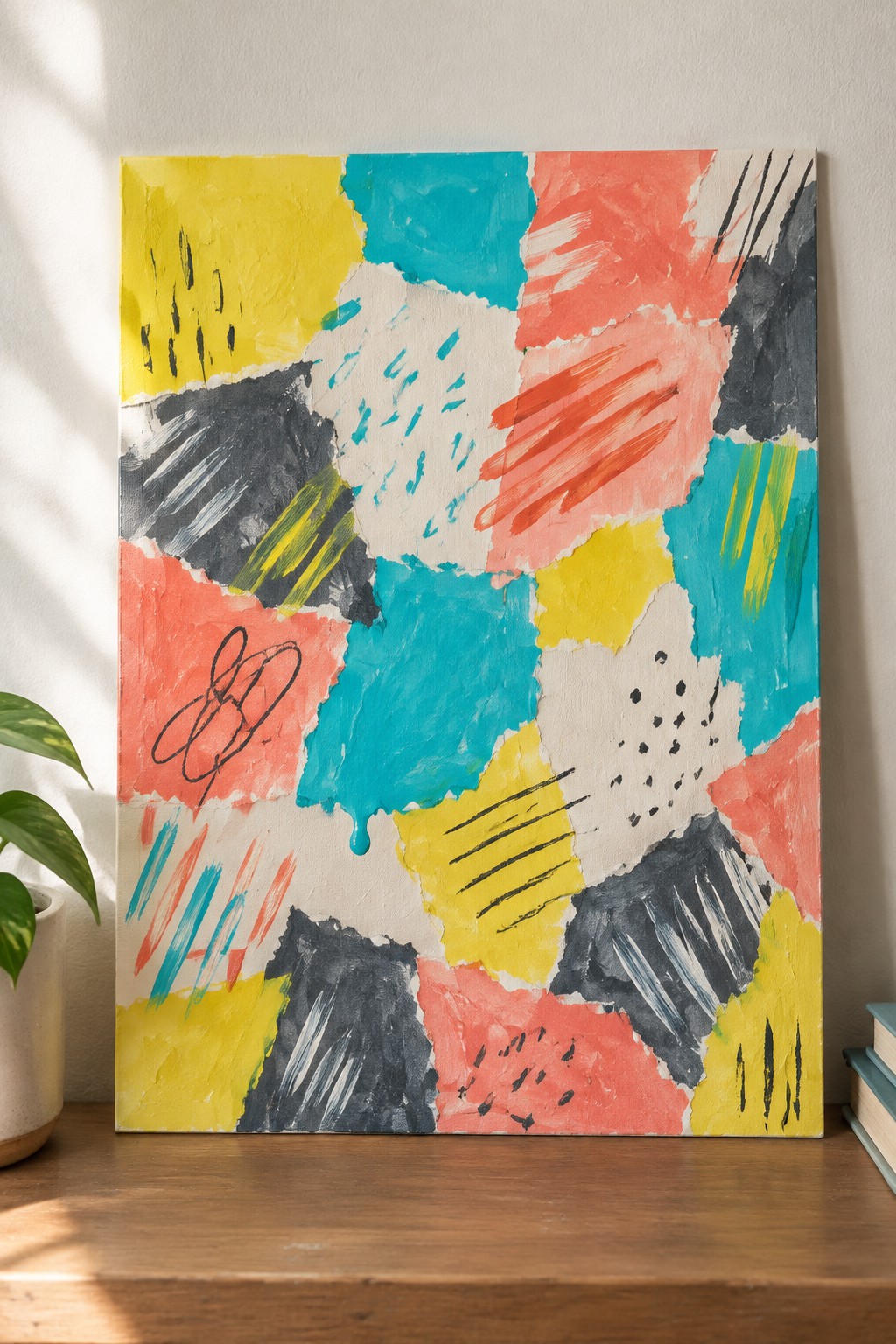 Vibrant abstract painting with yellow, turquoise, coral, and black brushstrokes on wooden surface.