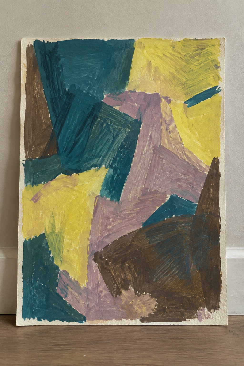 Abstract painting with bold teal, yellow, purple, and brown brushstrokes on canvas