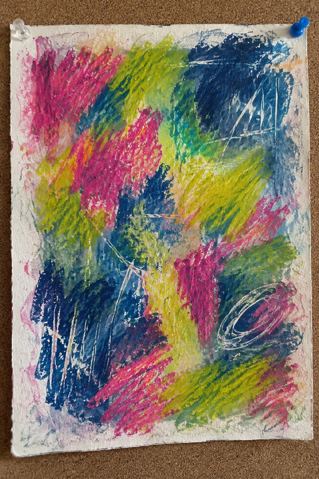 Abstract colorful artwork with pink, green, blue, yellow strokes and white strings on paper.