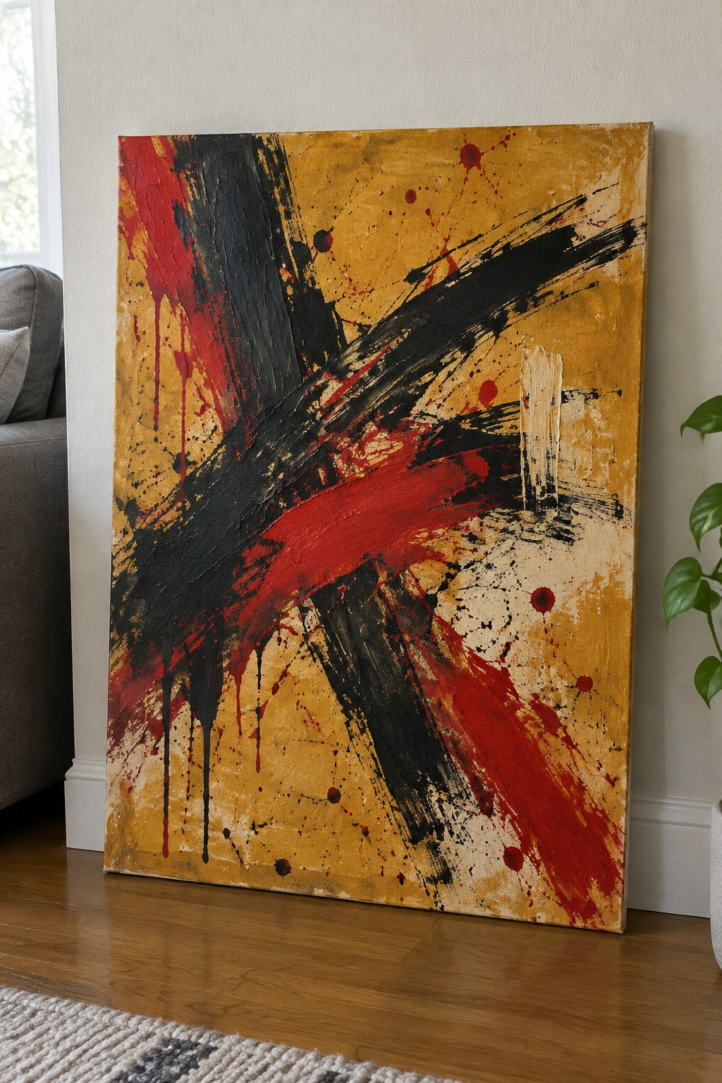 Abstract painting with bold red black strokes and yellow splatters on canvas against wall