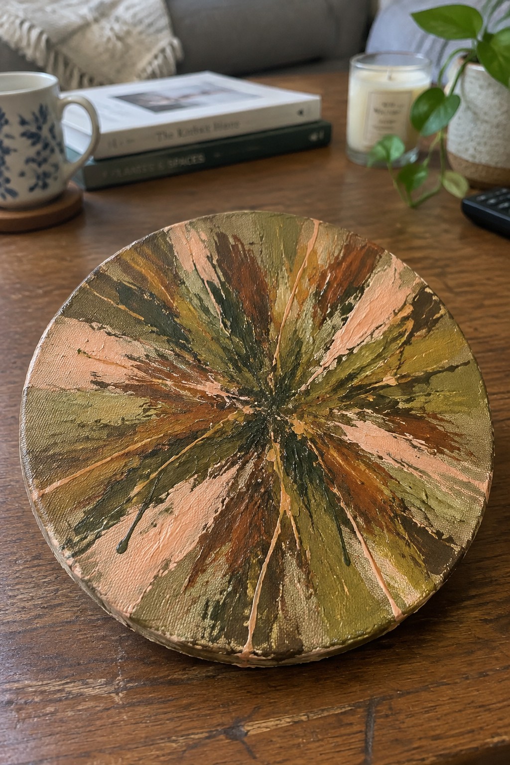 Round abstract painting with radiating green, orange, and pink strokes on wooden table.