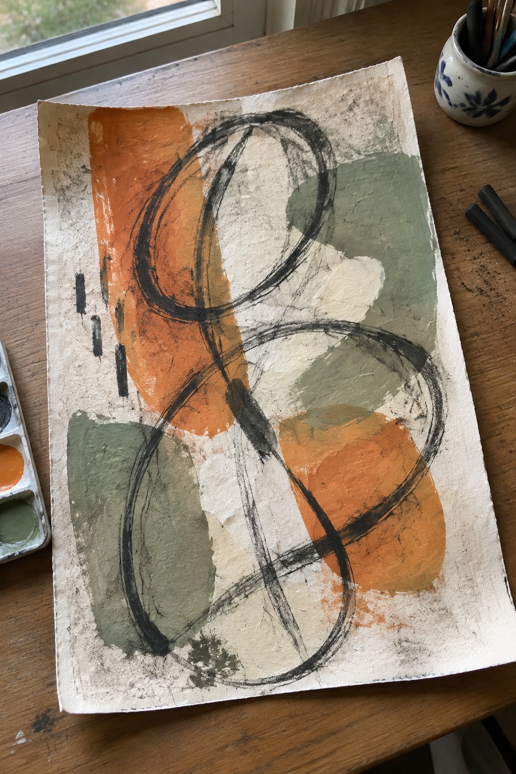 Abstract painting with bold orange, black, and green shapes on textured paper beside art supplies