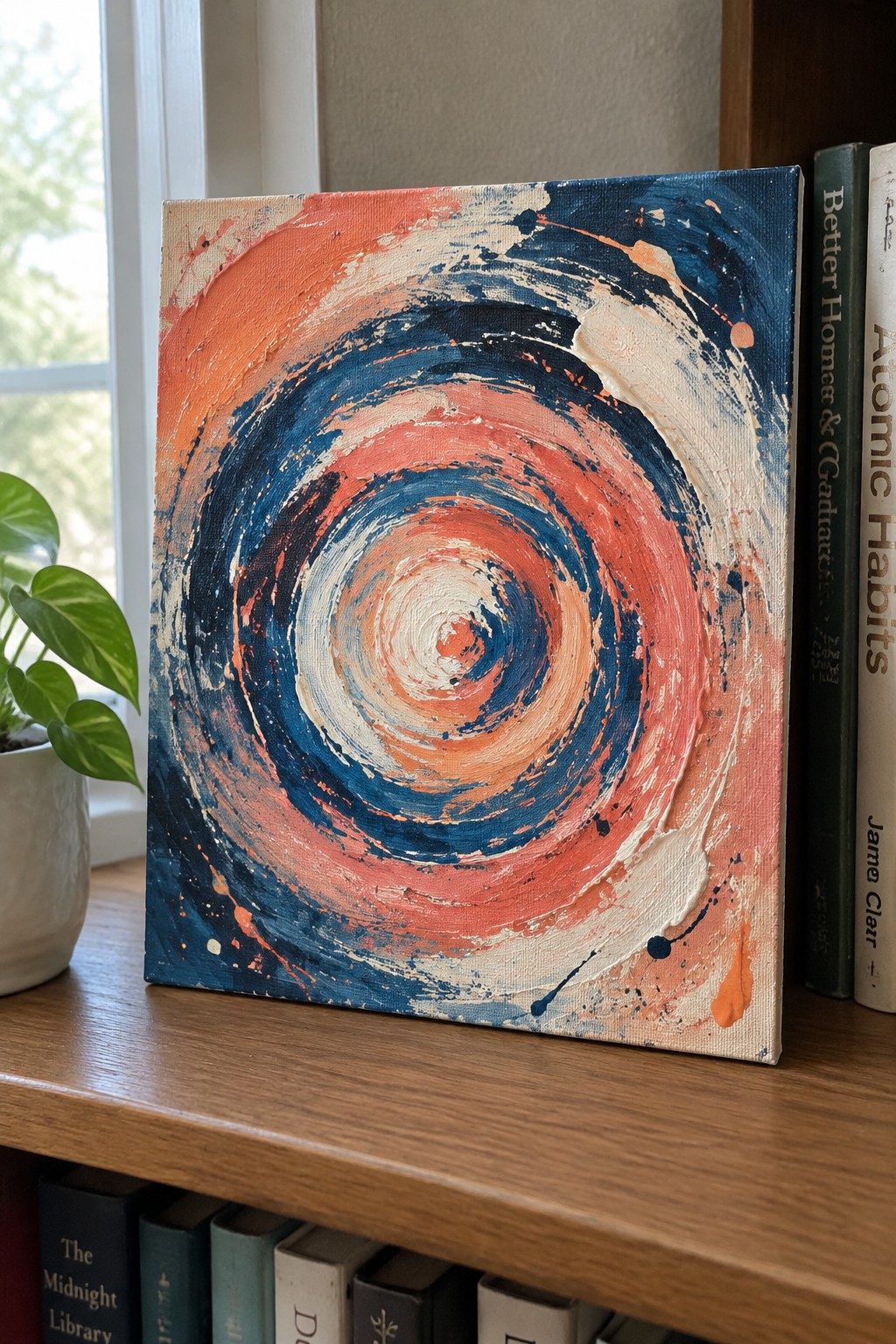 A square canvas with swirling abstract brushstrokes in coral orange, deep blue, white, and peach tones, resting on a wooden shelf beside books and a potted plant.