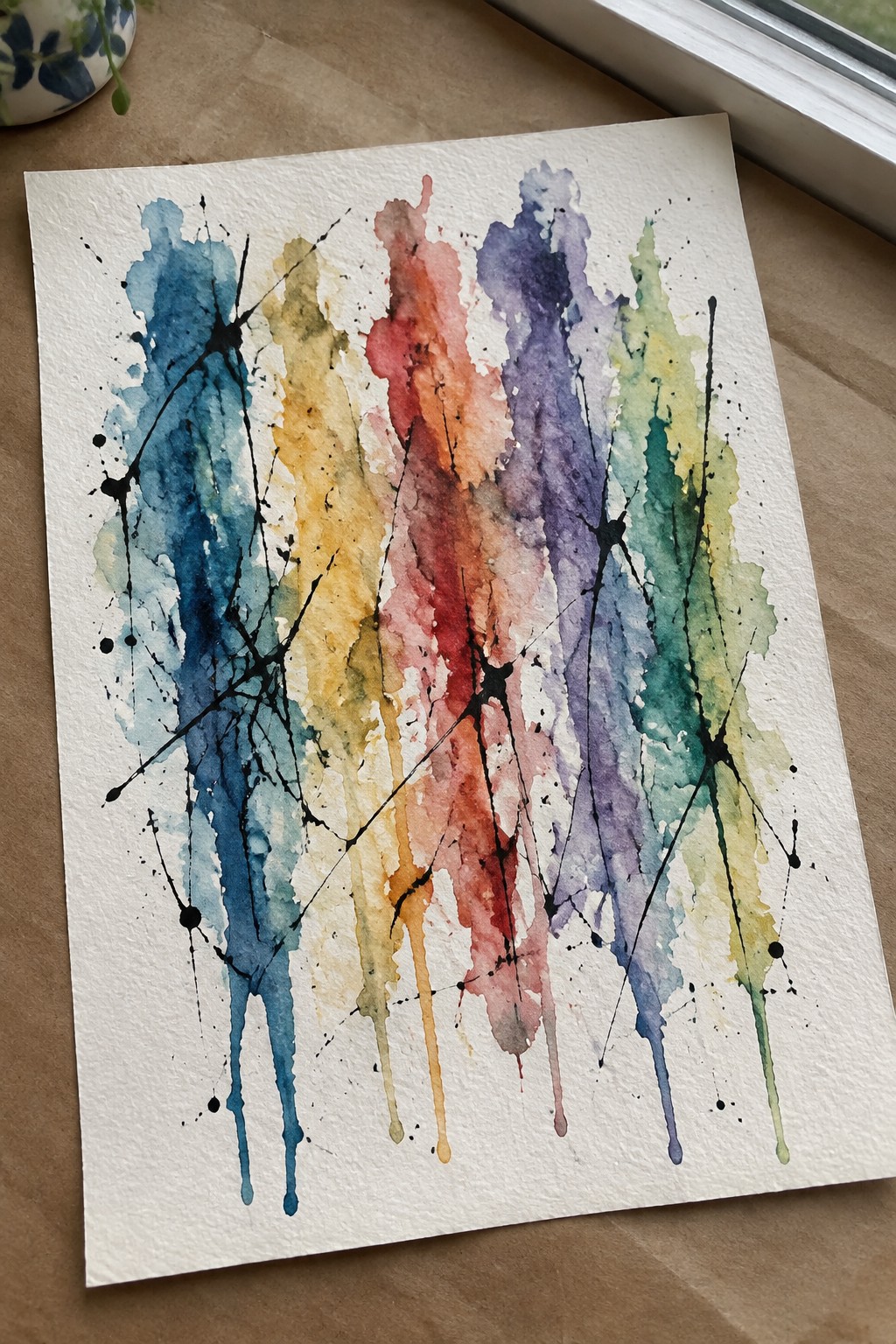 Abstract watercolor painting with vertical drips of blue, yellow, orange-red, purple, and green plus black splatters on white paper.
