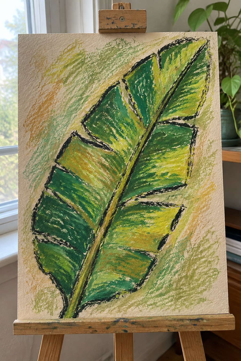 Expressive green banana leaf painting with yellow accents on wooden easel