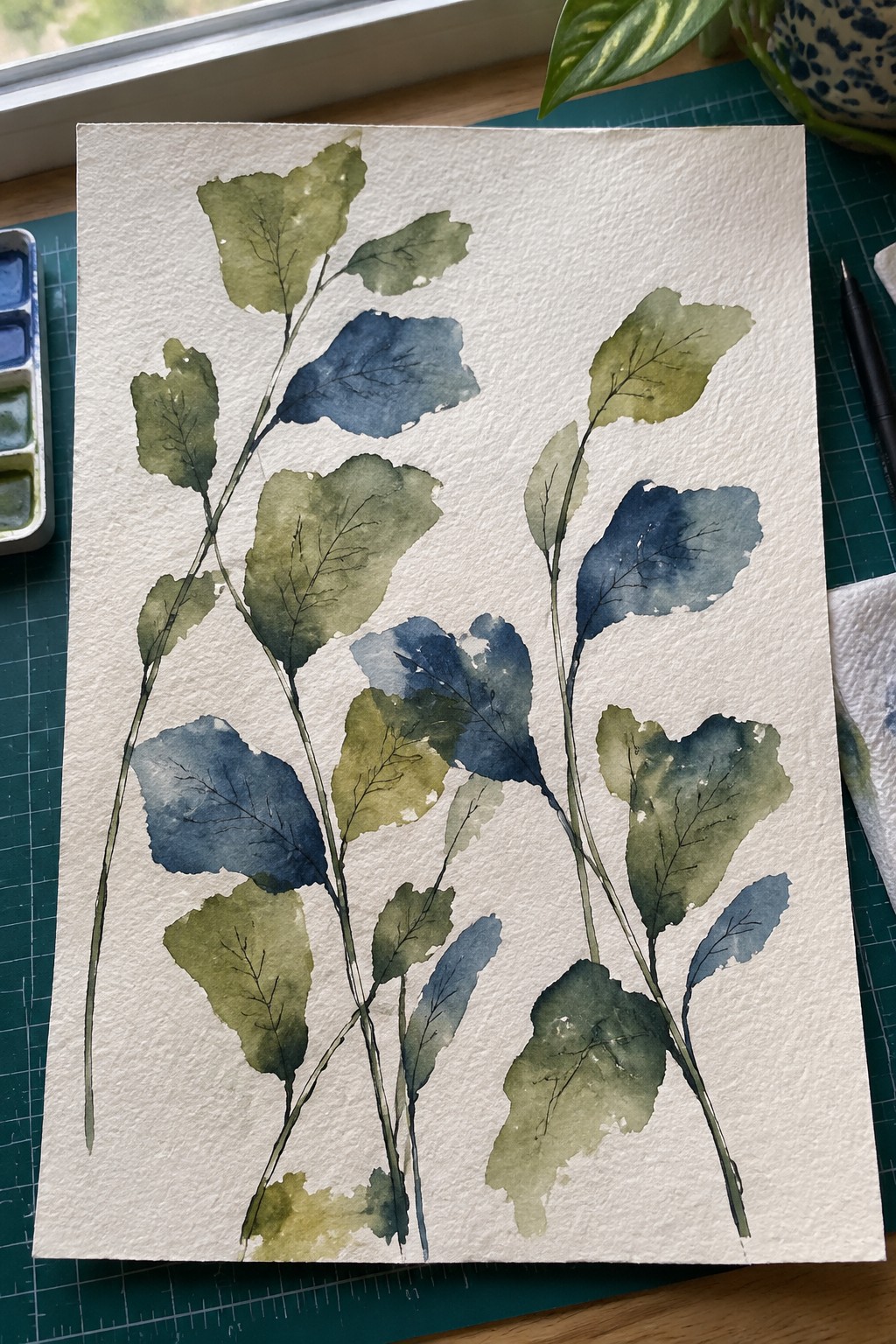 Watercolor painting of blue-green leaves on stems beside palette and pen on desk