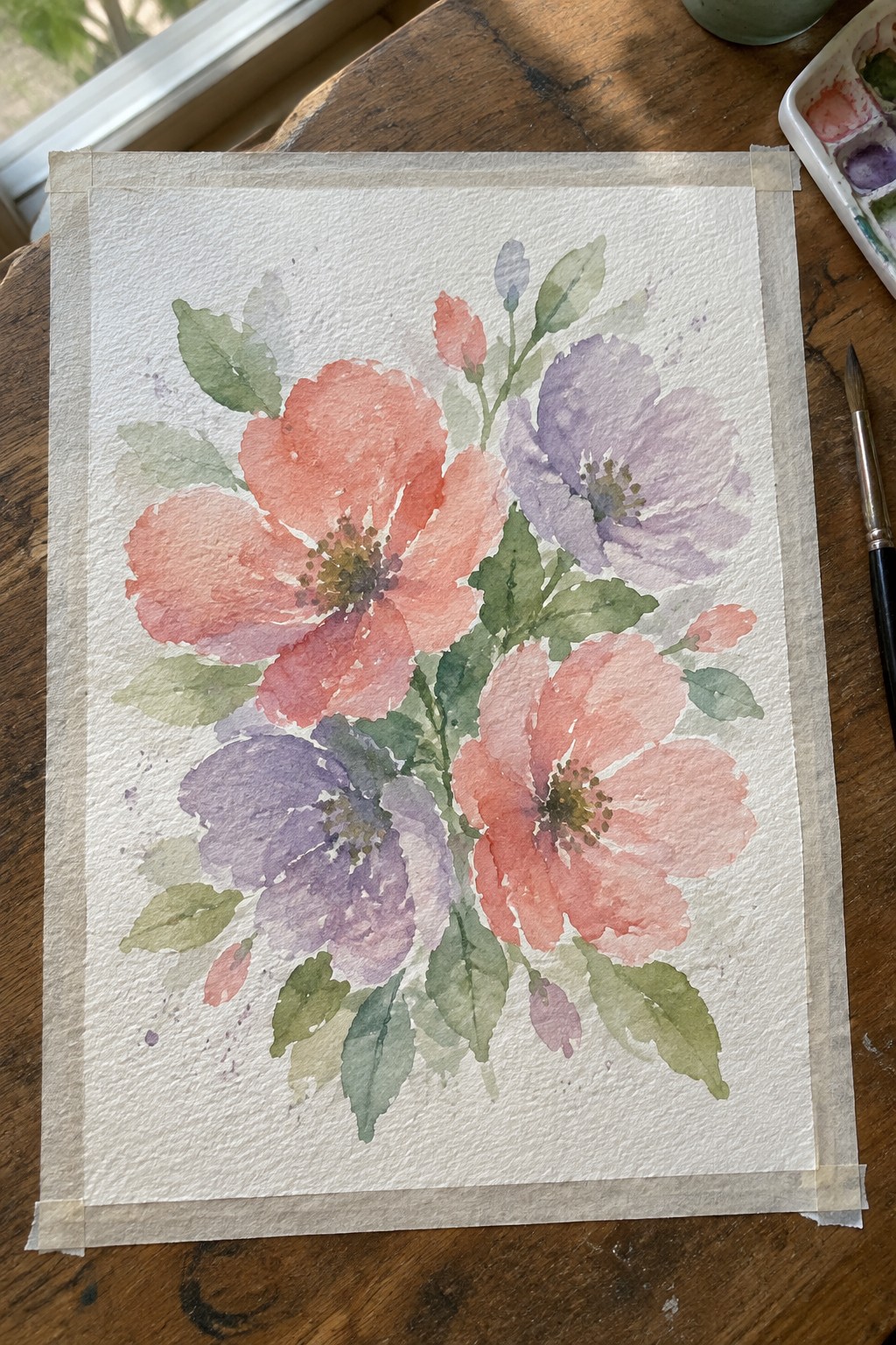Watercolor painting of coral and purple flowers with green leaves taped on wooden table