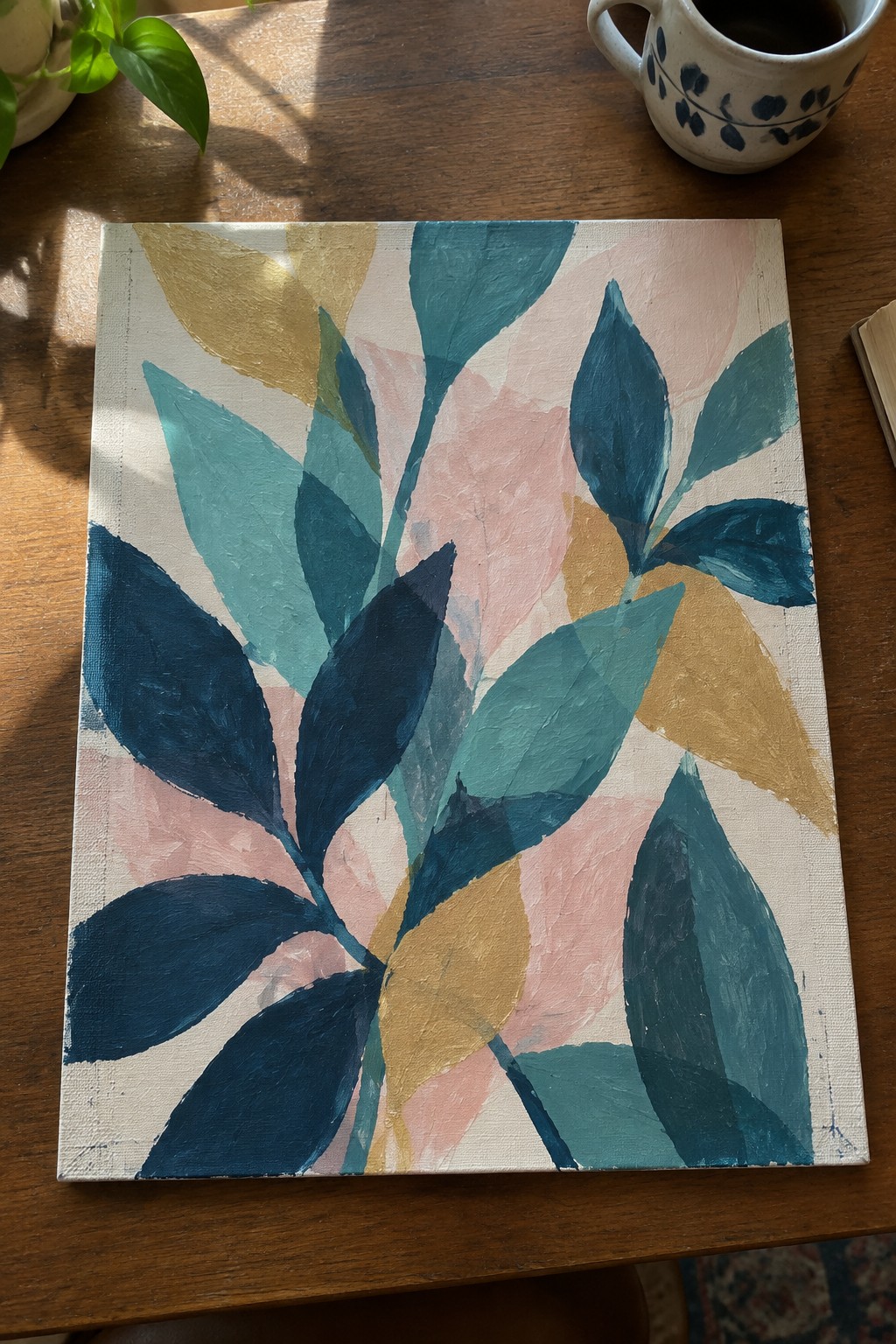 Abstract painting of overlapping leaves in teal, navy, gold and pink on canvas