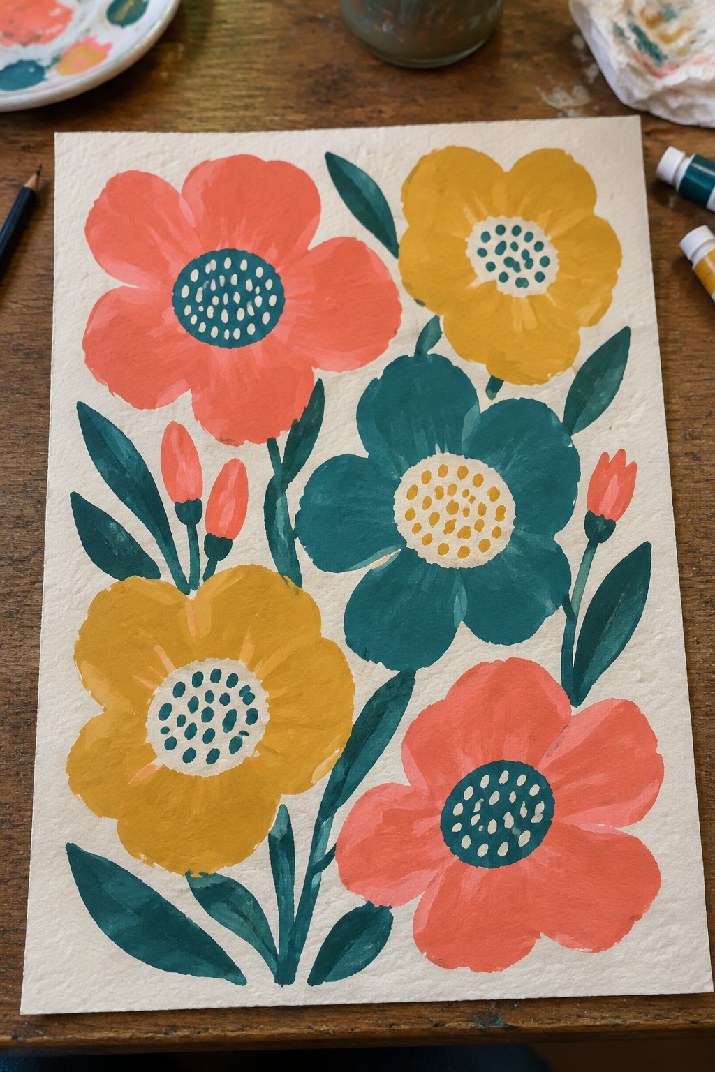 Colorful floral painting with coral, yellow, and teal blooms on white paper amid paints