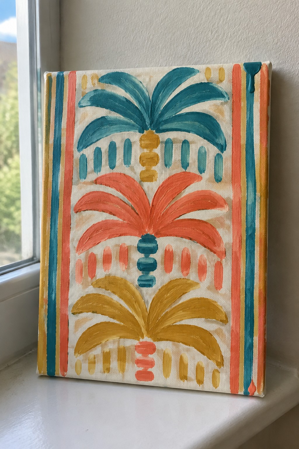 Vibrant canvas painting of three stacked palm trees in teal, orange, and yellow on windowsill.