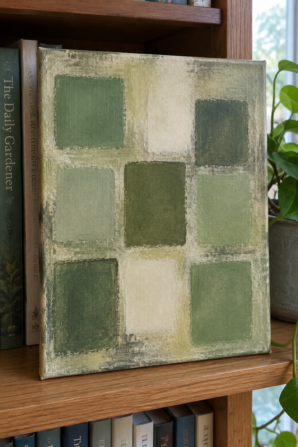 Abstract green square painting on wooden bookshelf beside books and plant.