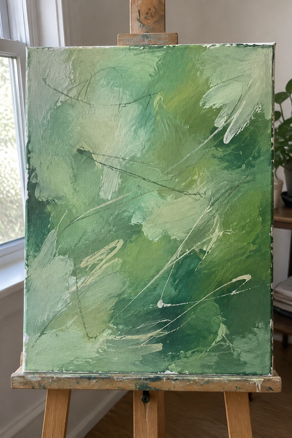Abstract green painting with expressive brushstrokes on wooden easel by window
