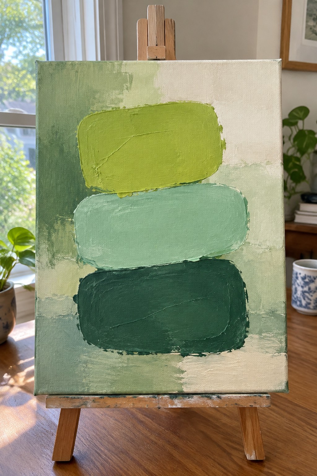 Abstract painting with three stacked green shapes on canvas atop wooden easel