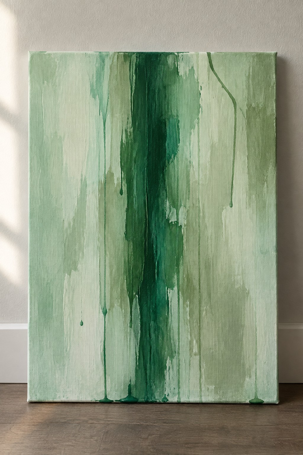 Abstract green canvas painting with vertical drips leaning against wall on wooden floor