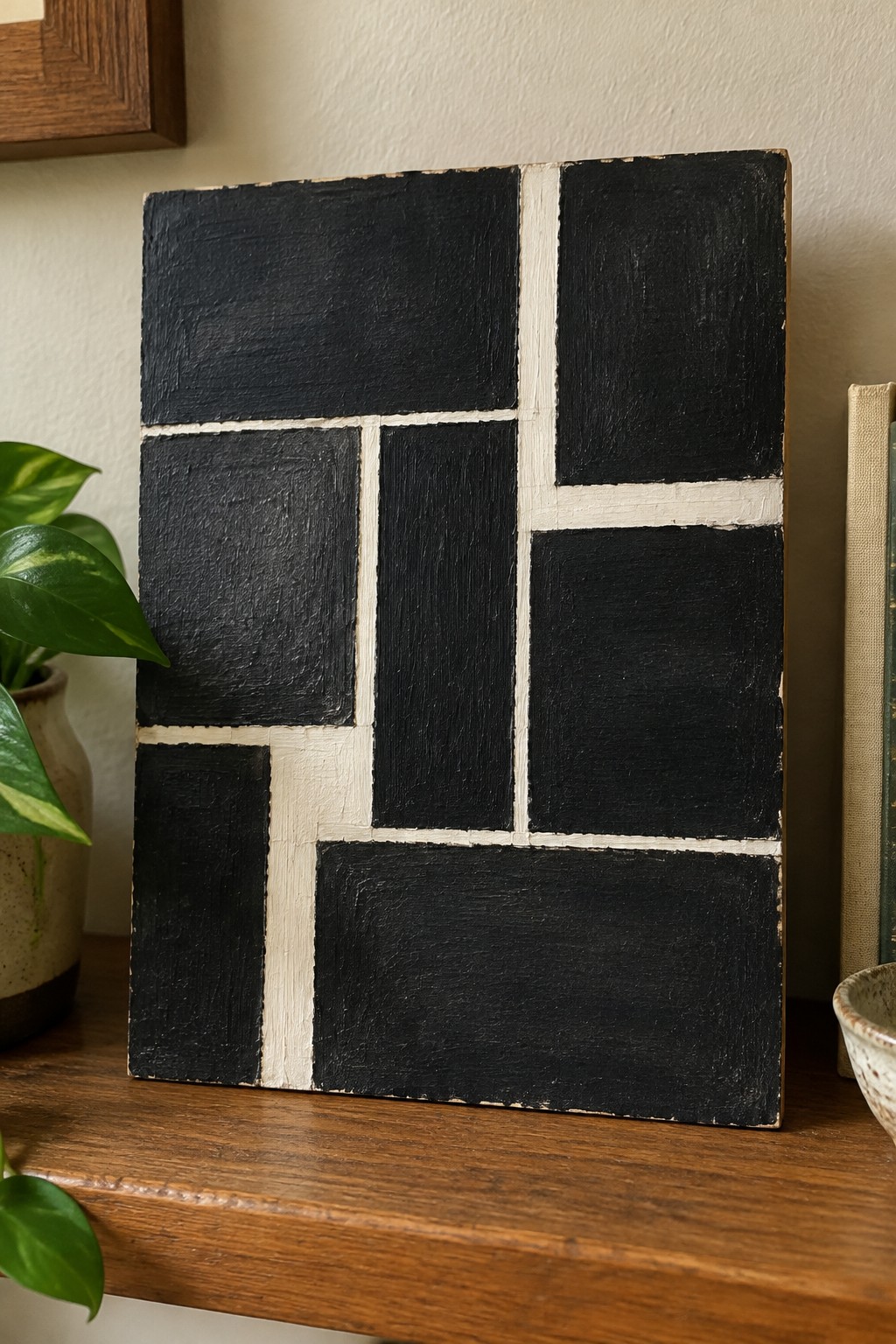 Black and white geometric abstract painting on wooden shelf with plant and books