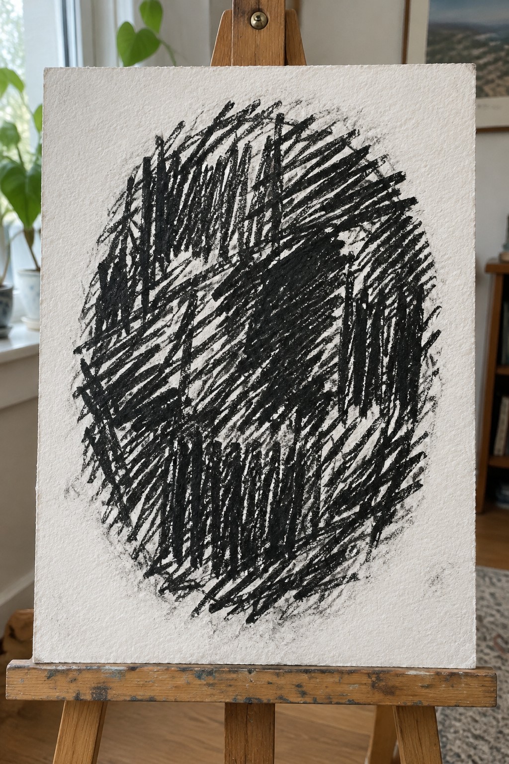 Abstract black scribbles forming dense oval on white canvas atop wooden easel