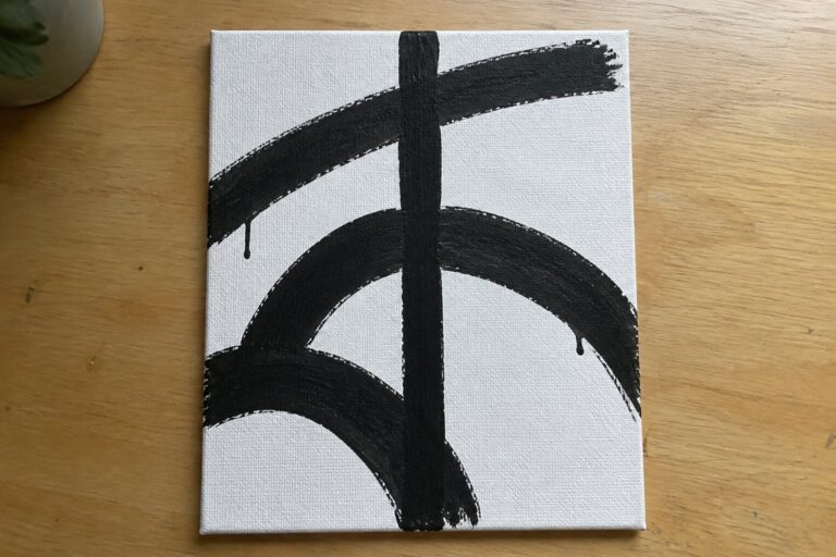 20 High-Contrast Black-and-White Abstract Paintings Featuring Strong Linework Abstract black and white canvas with central vertical stripe and curved brushstrokes with drips