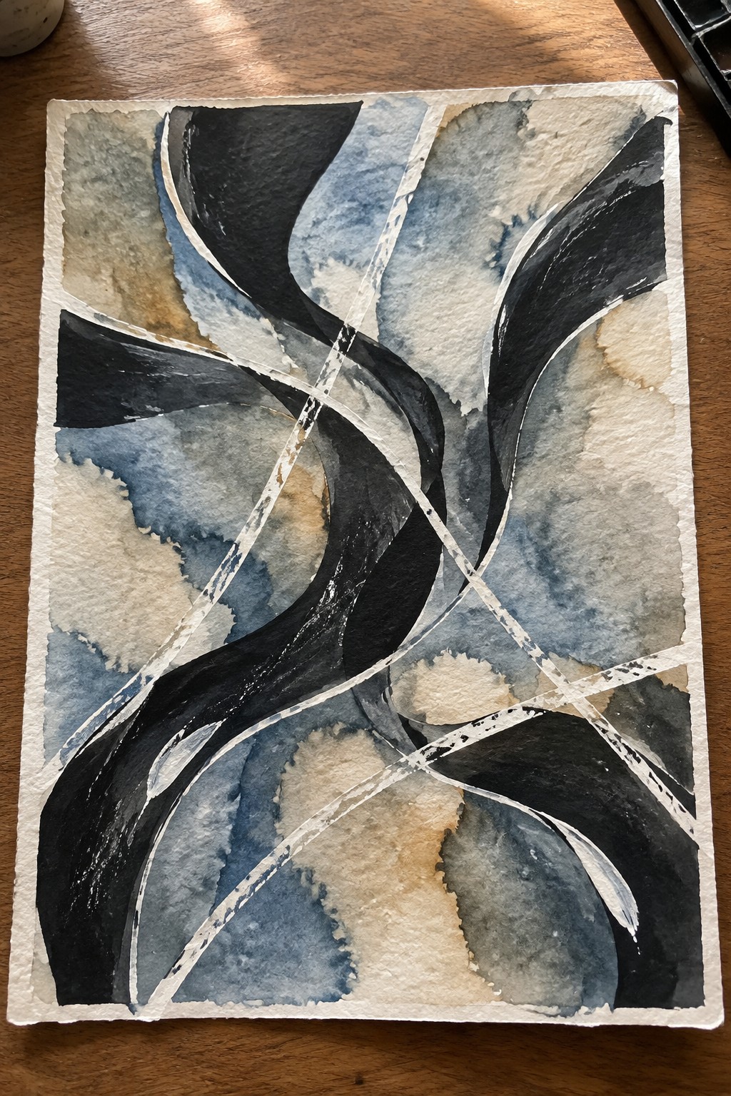 Abstract watercolor with swirling black curves, blue-gray washes, and white intersecting lines