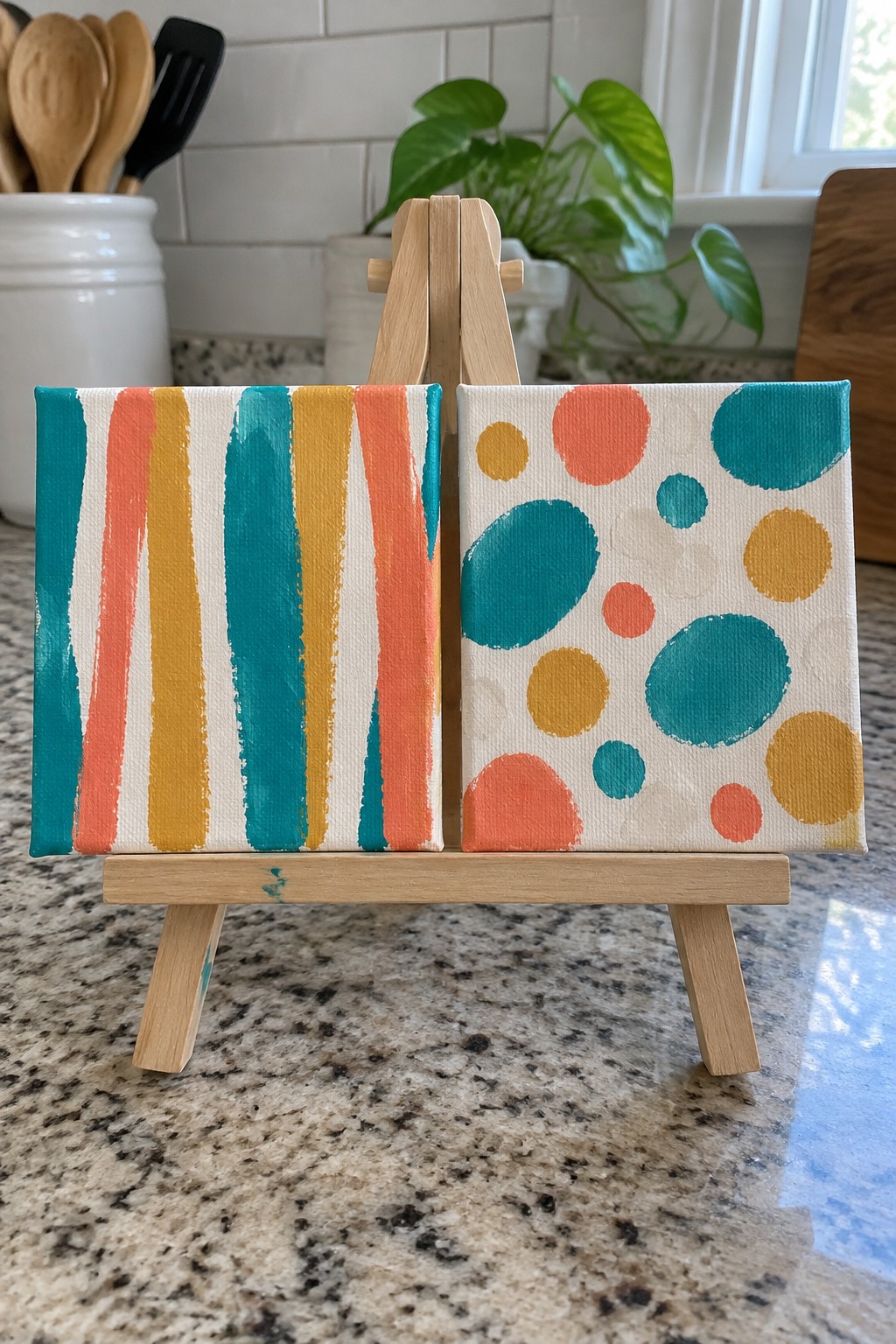 Two small canvases on wooden easel, one striped and one dotted in teal and orange.