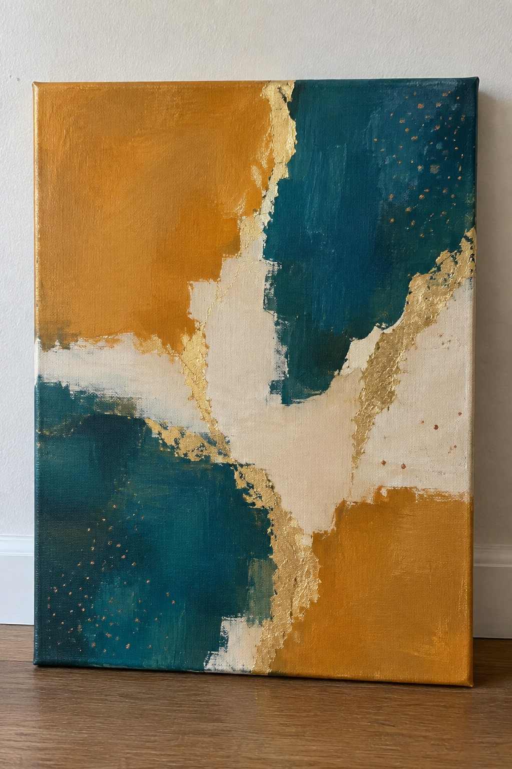 Abstract canvas painting with teal, mustard yellow, white, and gold sections