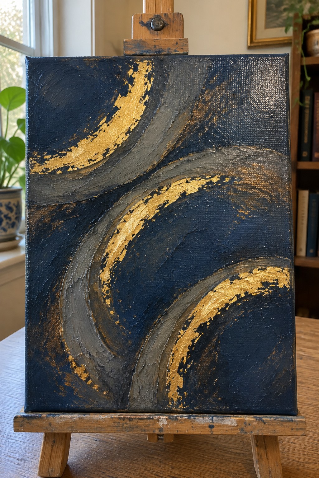 Abstract painting with swirling gold and gray strokes on dark blue canvas on wooden easel.
