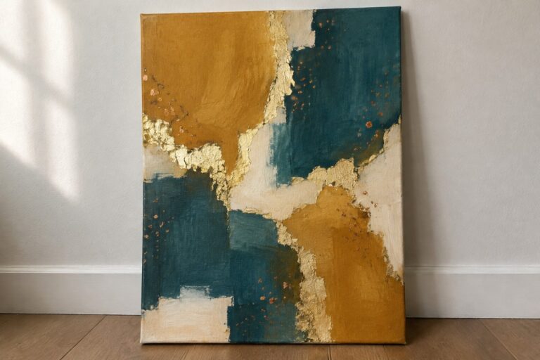 Abstract canvas painting with teal, mustard yellow, white, and gold sections