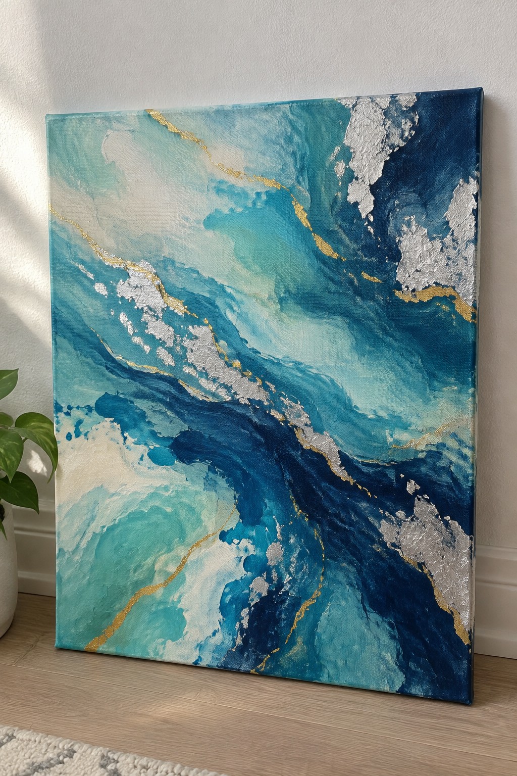 Abstract painting with swirling blues, teals, gold lines and silver textures on canvas