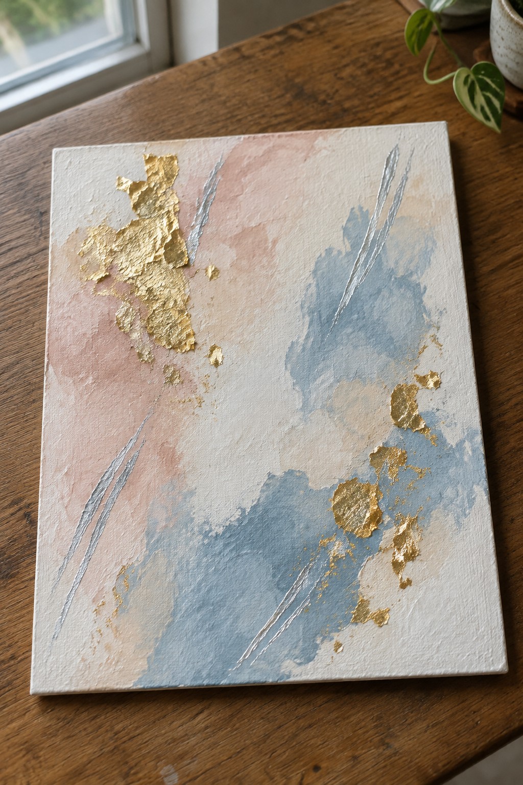 Abstract canvas with soft pink blue washes, gold leaf accents and metallic streaks