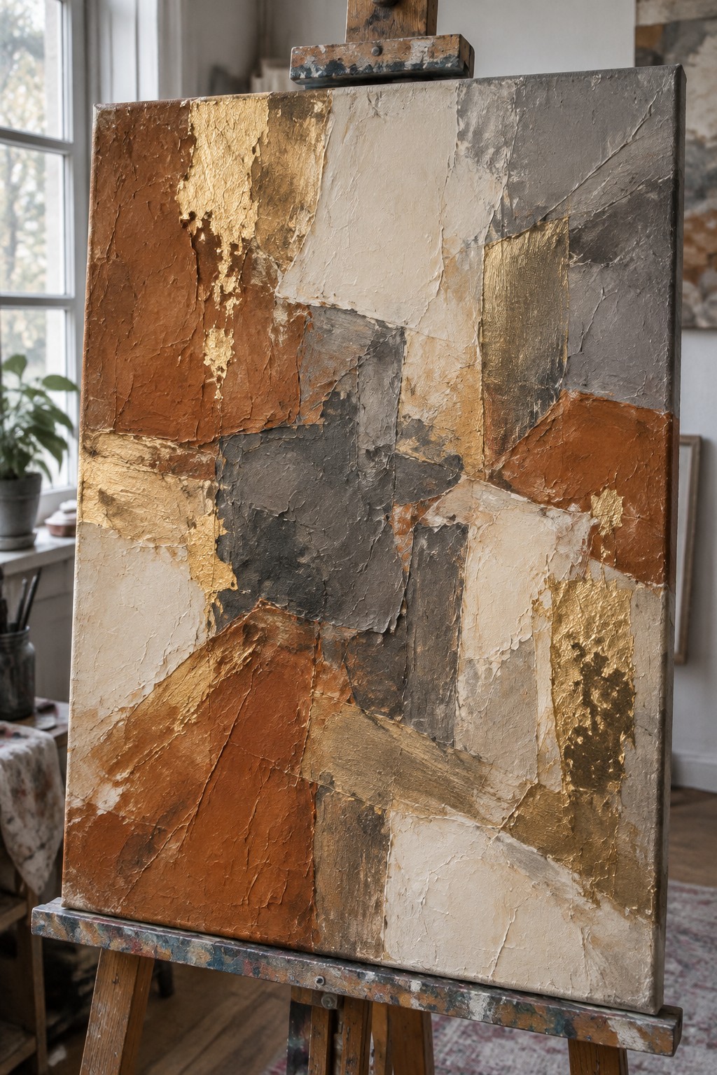 Abstract impasto painting with gold leaf, brown, gray, and beige patches on easel