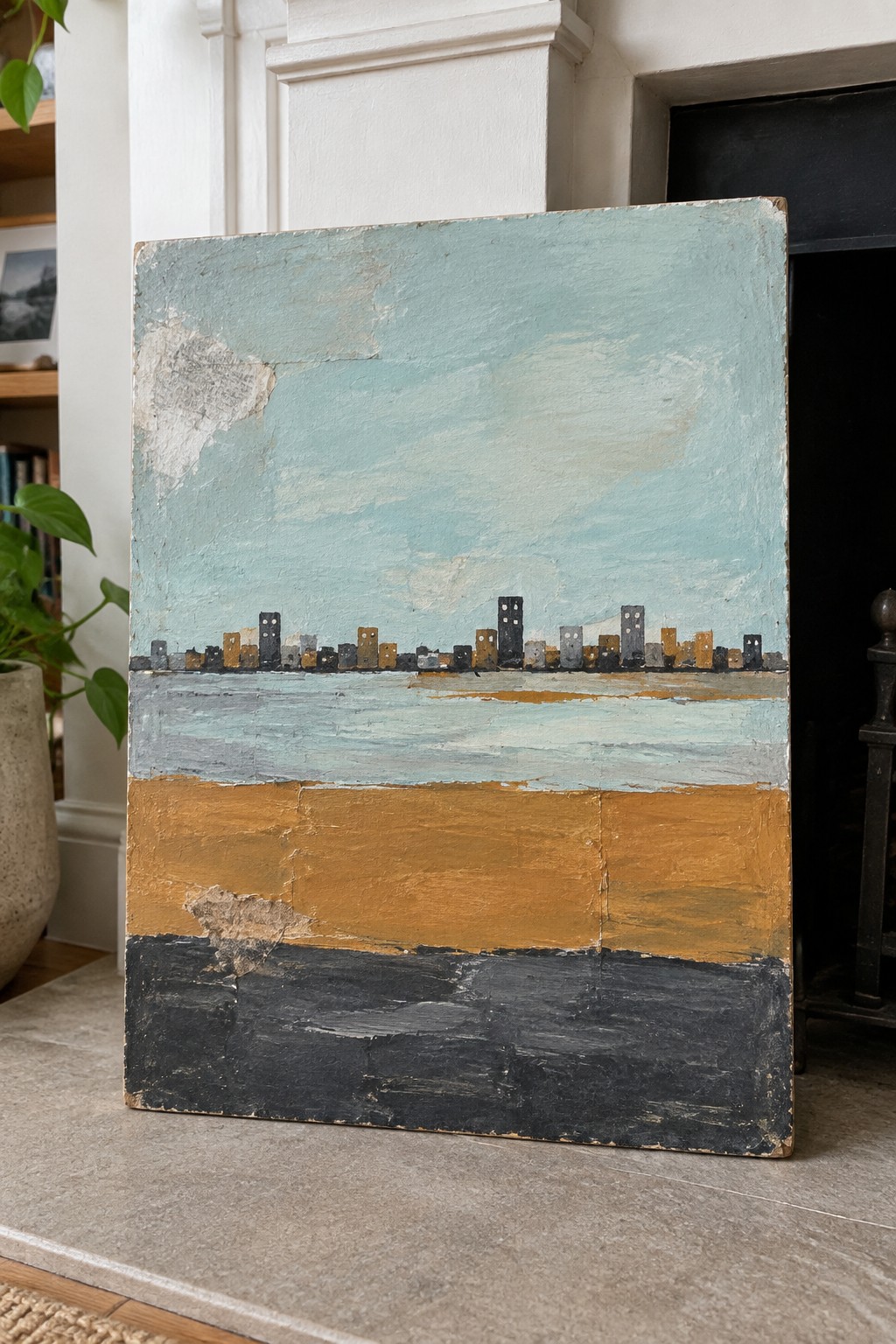 Abstract cityscape painting with skyline over blue water, orange and black bands
