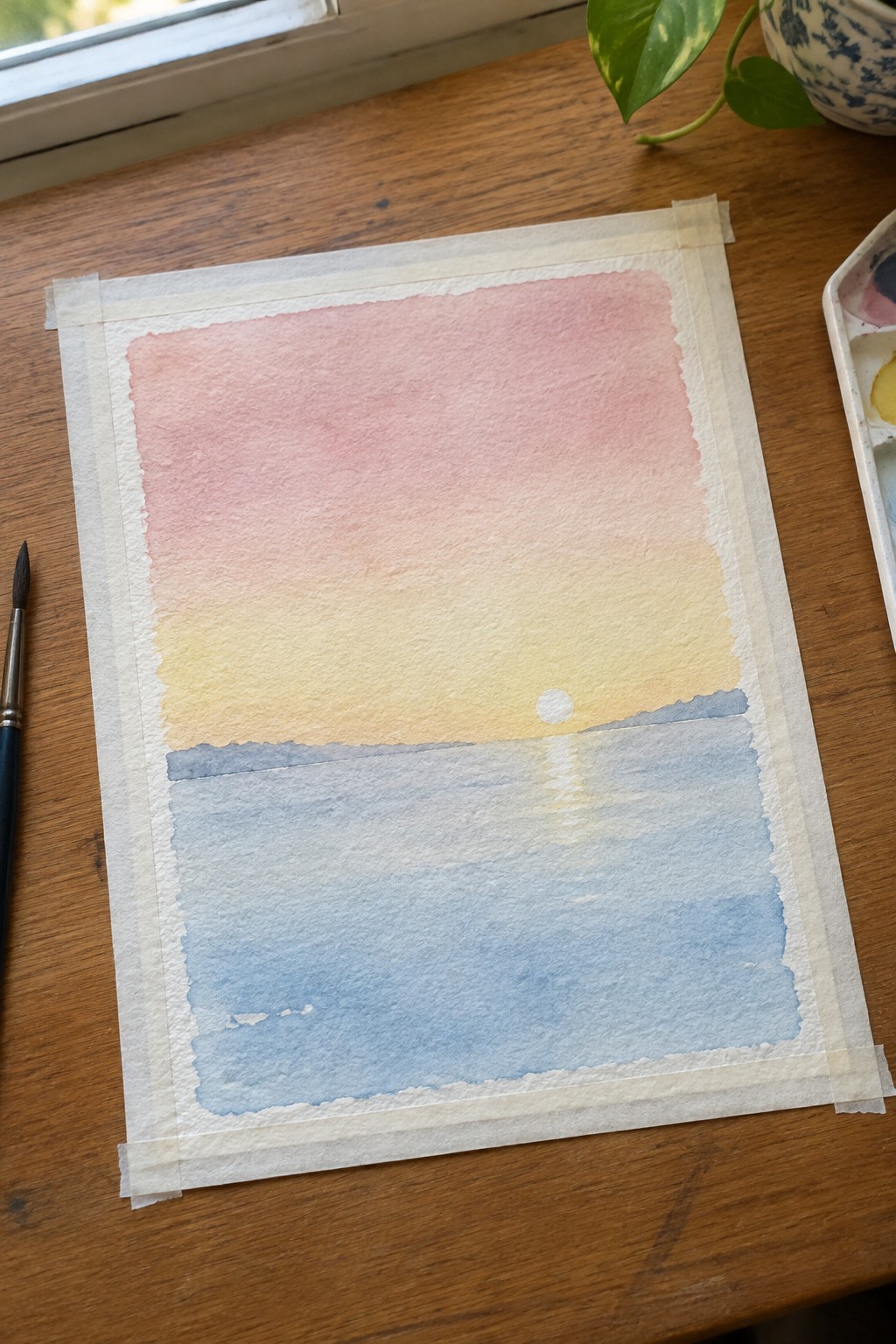 Watercolor painting taped to wood shows a pink-to-yellow sky gradient above blue water with a small white circle and vertical reflection.
