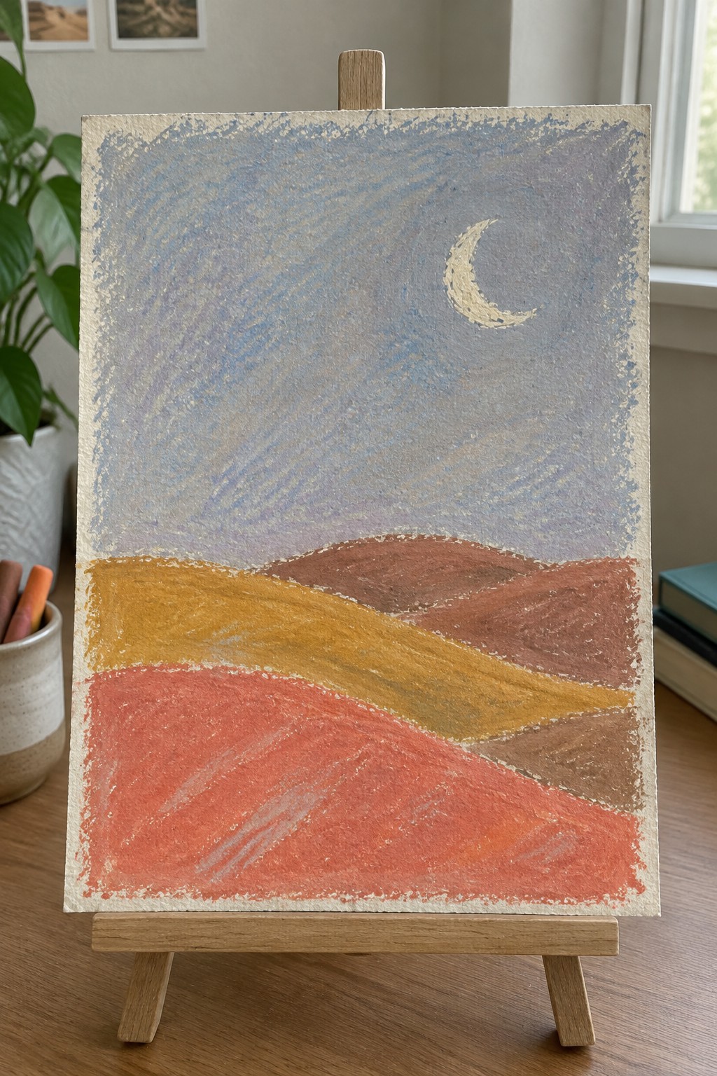 Painting on easel with crescent moon above layered hills in warm tones.