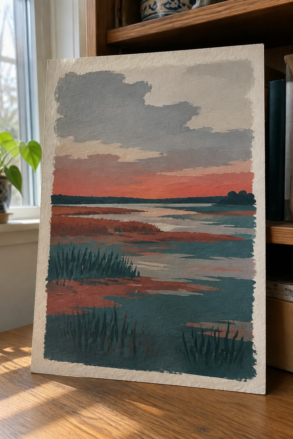 An abstract landscape painting showing a sunset with gray and orange sky over bands of blue and red water, plus dark reeds in the foreground.