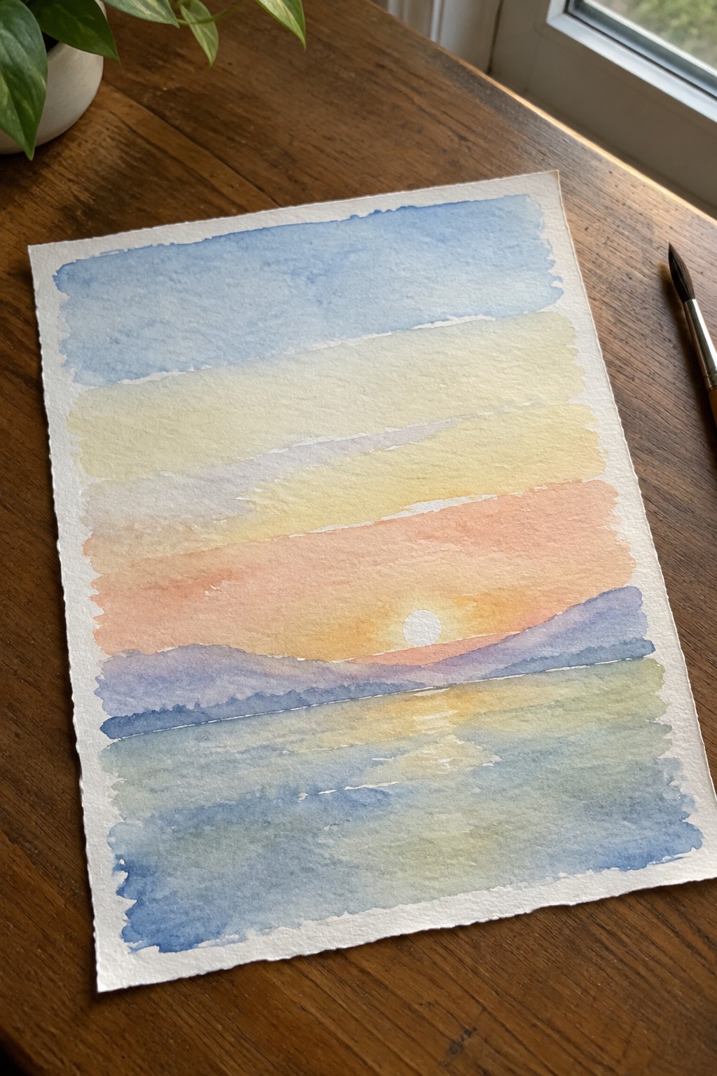 Watercolor sunset landscape with layered blue, yellow, and orange hues on wooden table beside paintbrush