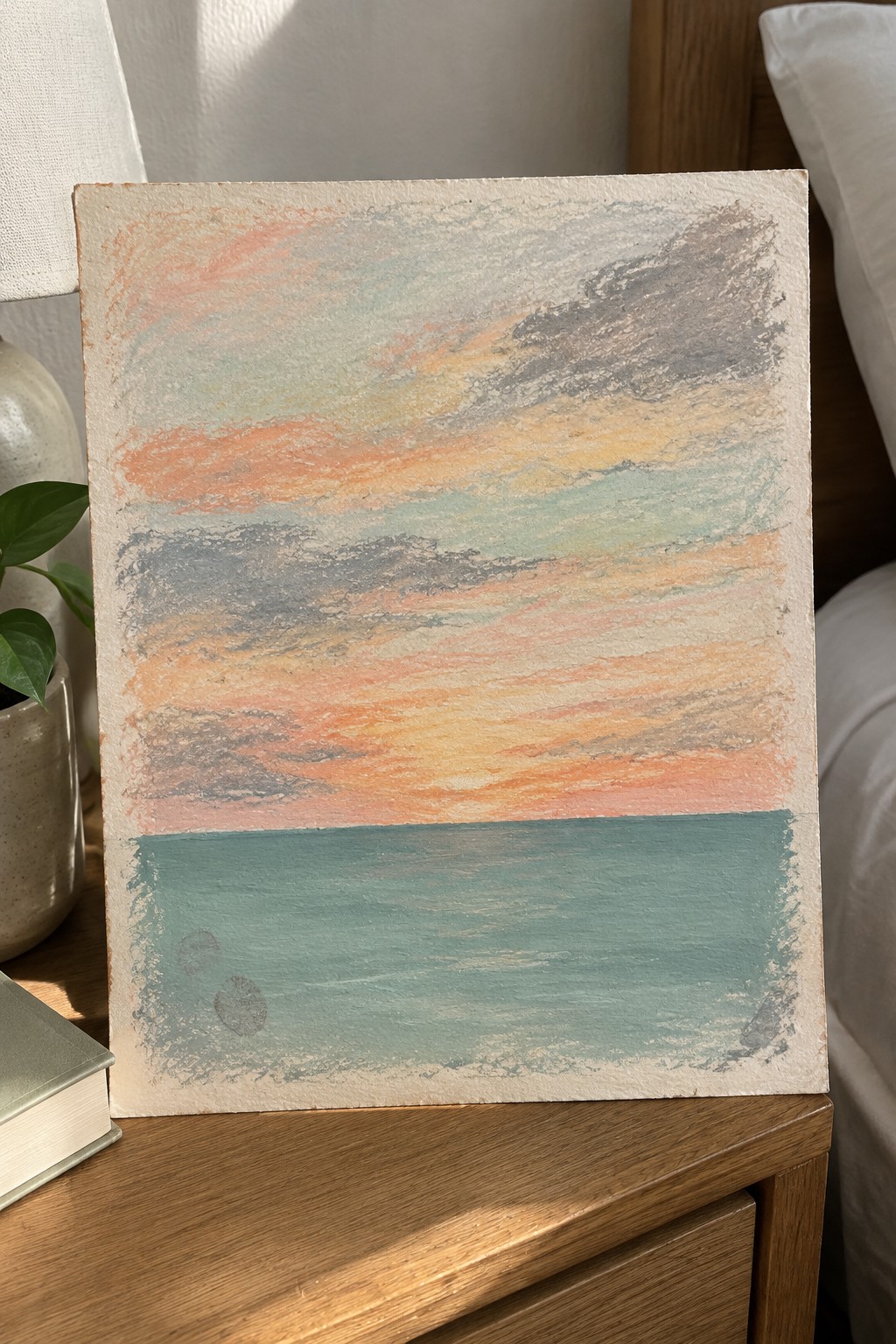 Pastel sunset painting with orange sky, clouds and teal sea on wooden nightstand
