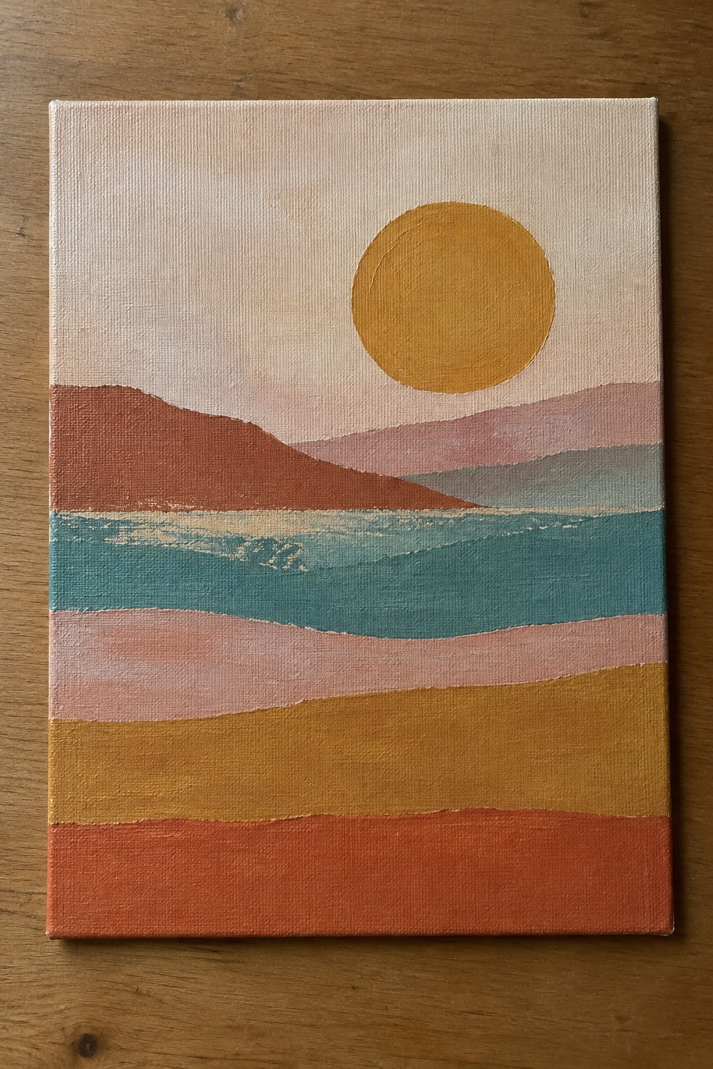 Abstract landscape painting with yellow sun, layered hills, turquoise waves, and striped bands.