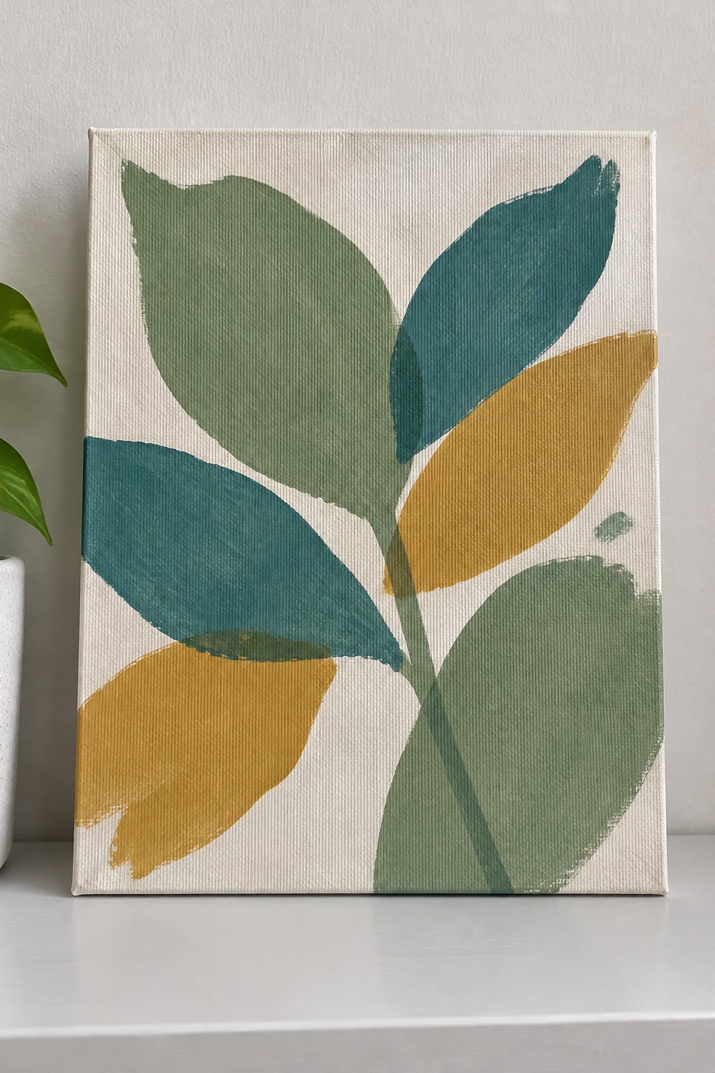 Abstract painting of overlapping green teal and yellow leaves on white canvas