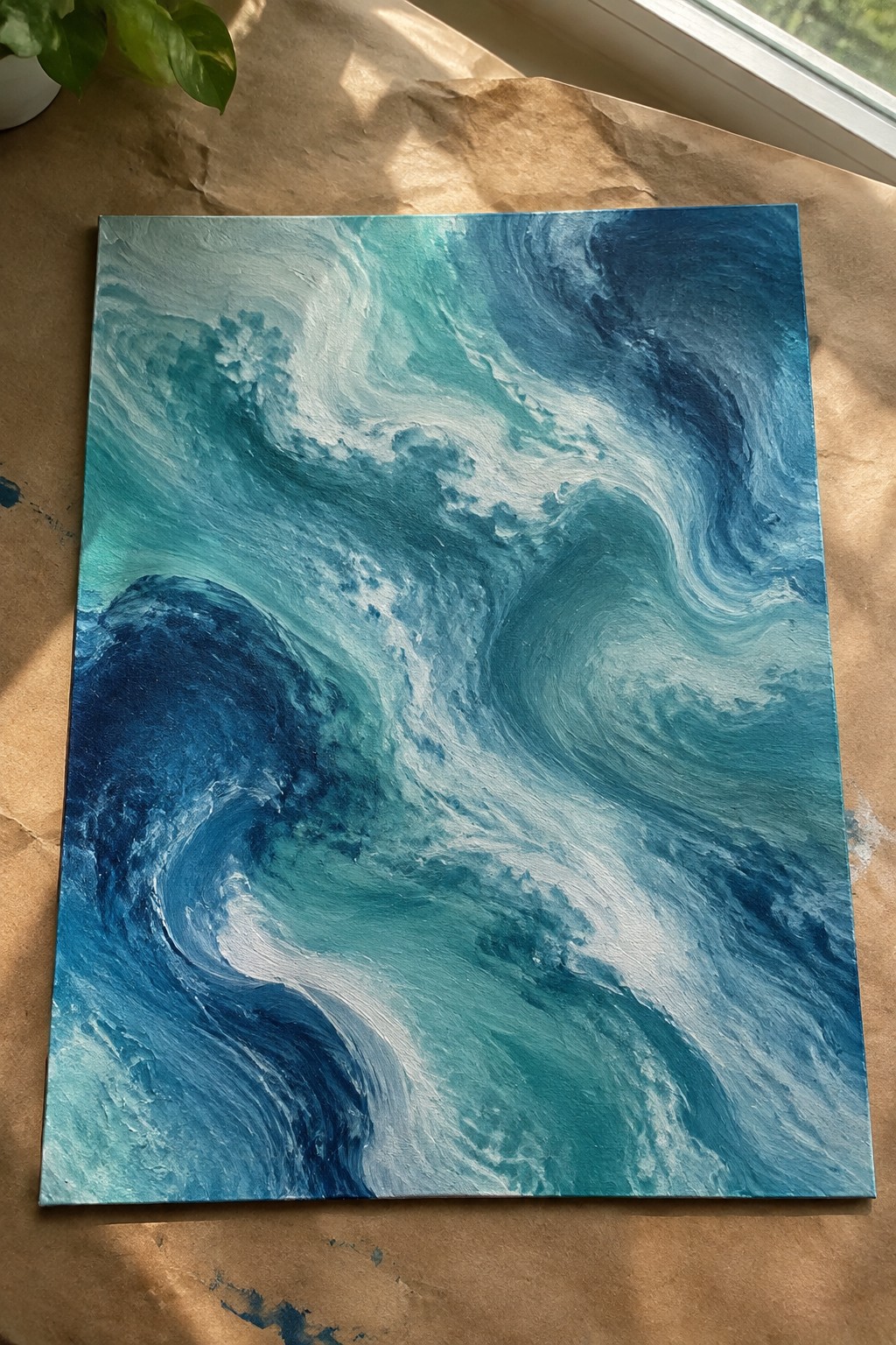 Abstract painting of swirling blue and teal ocean waves on canvas